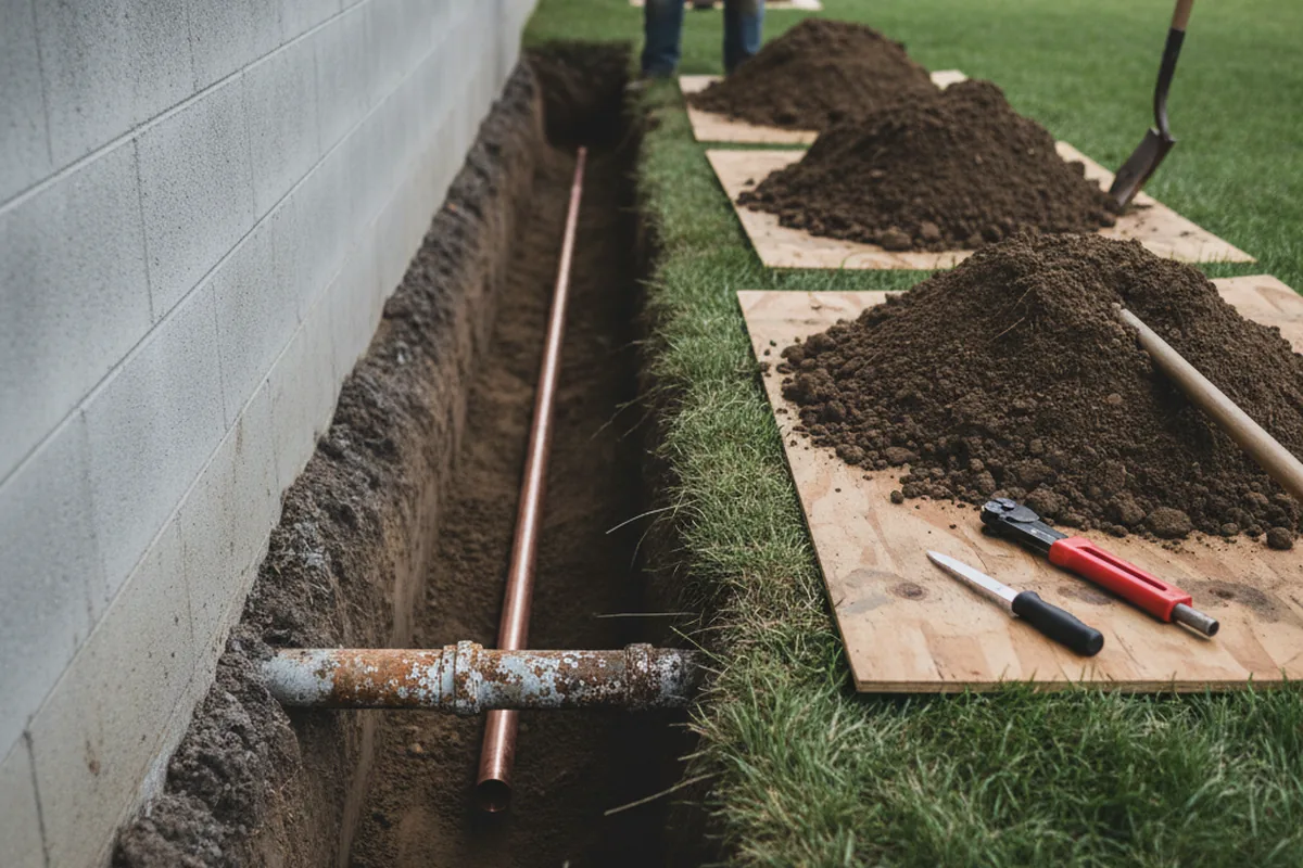 Excavated water line trench during Sewer Line Repair in Lancaster